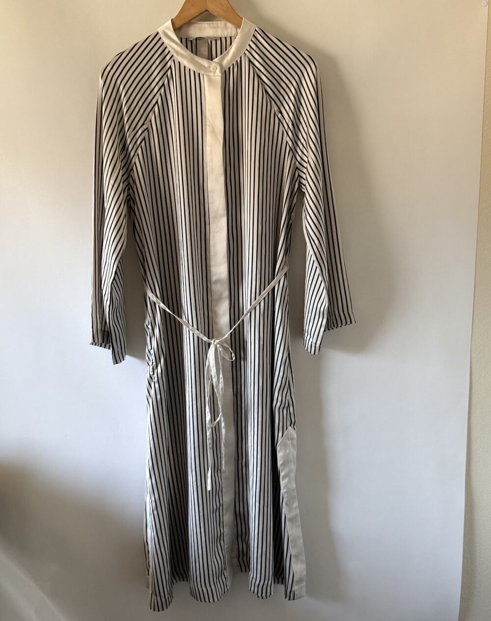 H&M Women's Striped Button Front Shirt Dress Size Small Black White Tie Waist